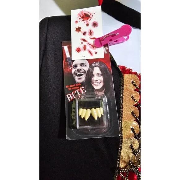 Vampire Costume Girls 10-12 Renaissance Red Velvet Dress Collar Fangs Rubies Kid - Picture 2 of 7